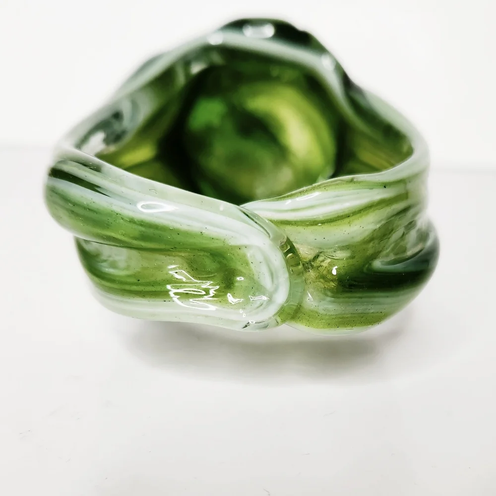 Vintage Hand Blown Stretch Art Glass Basket Vase Green White Swirls 5 1/2 Inches